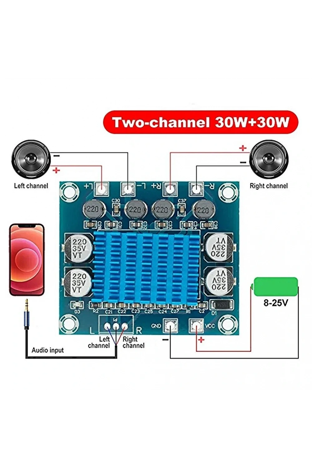 TPA3110 2x30W Stereo Çift Kanal Amfi Devre XH-A232