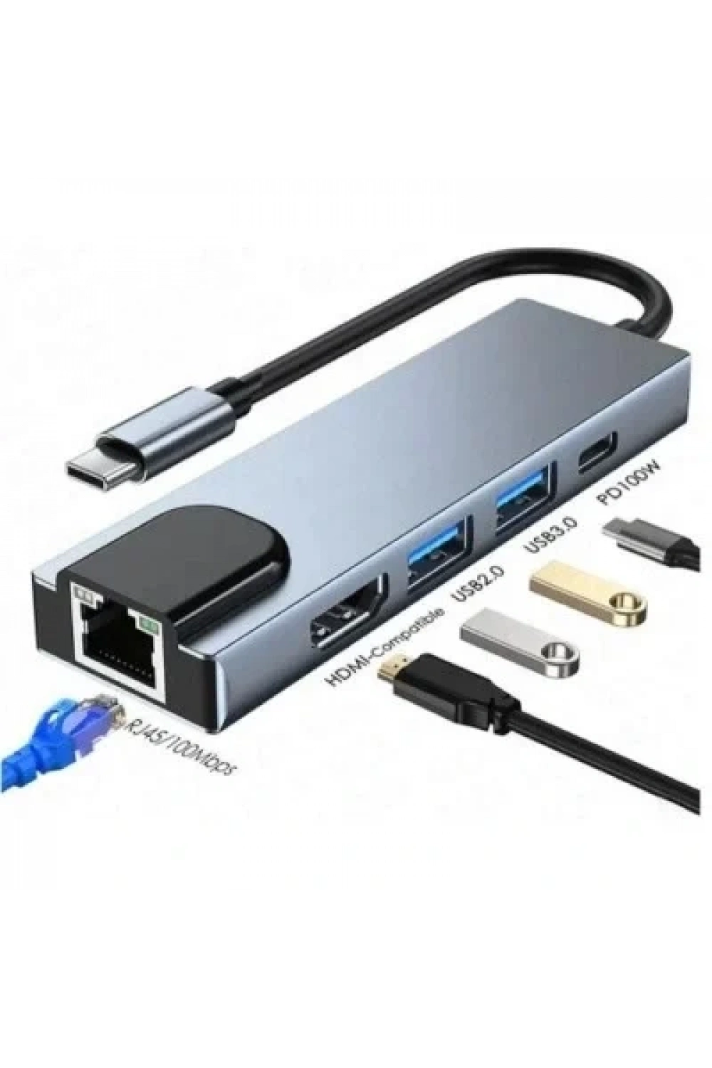 Type-C Hub 5in1 2 Port USB 3.0 + 100Mpbs Ethernet + HDMI + Type-C Çevirici