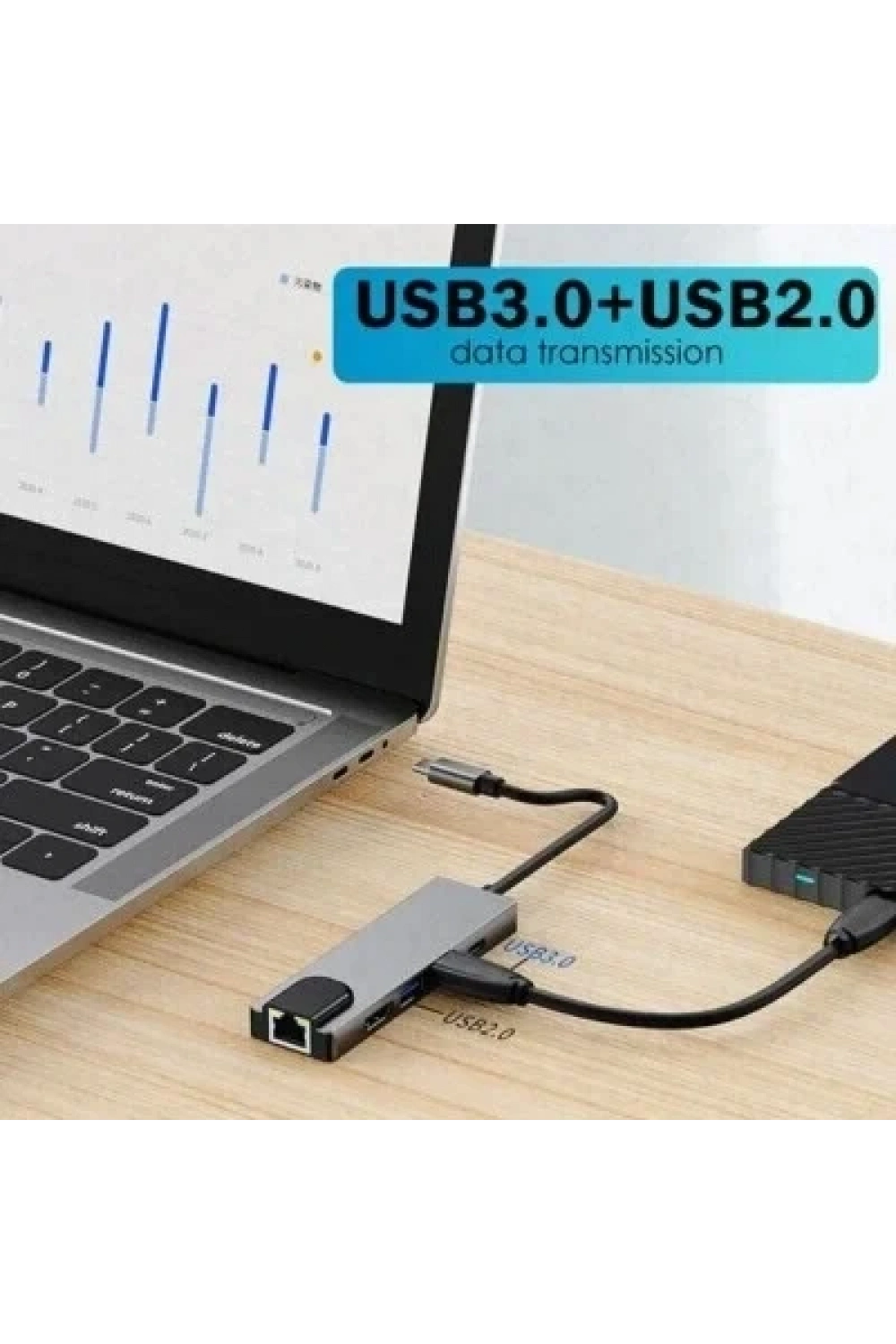 Type-C Hub 5in1 2 Port USB 3.0 + 100Mpbs Ethernet + HDMI + Type-C Çevirici