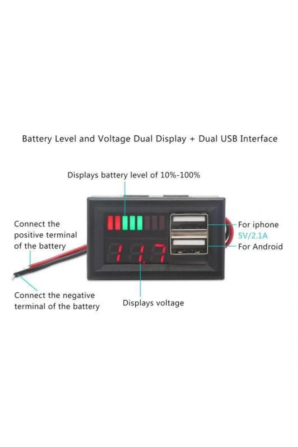 USB Çıkışlı Dijital Voltmetre Ekranlı 5V 2A IOS-Android Çıkışlı