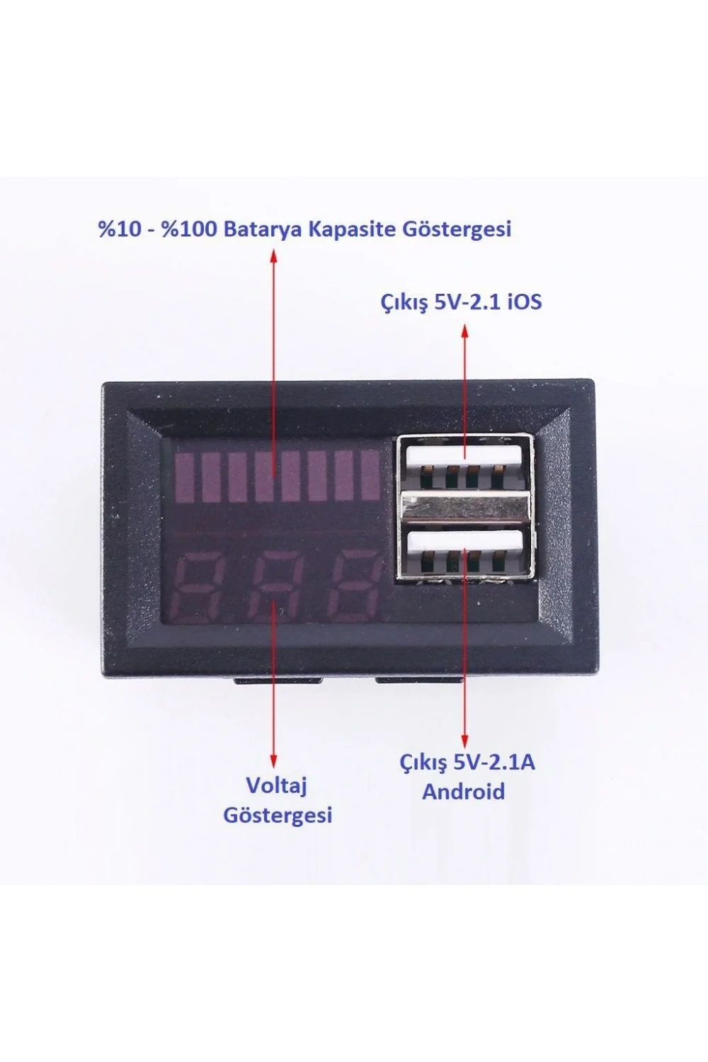 USB Çıkışlı Dijital Voltmetre Ekranlı 5V 2A IOS-Android Çıkışlı