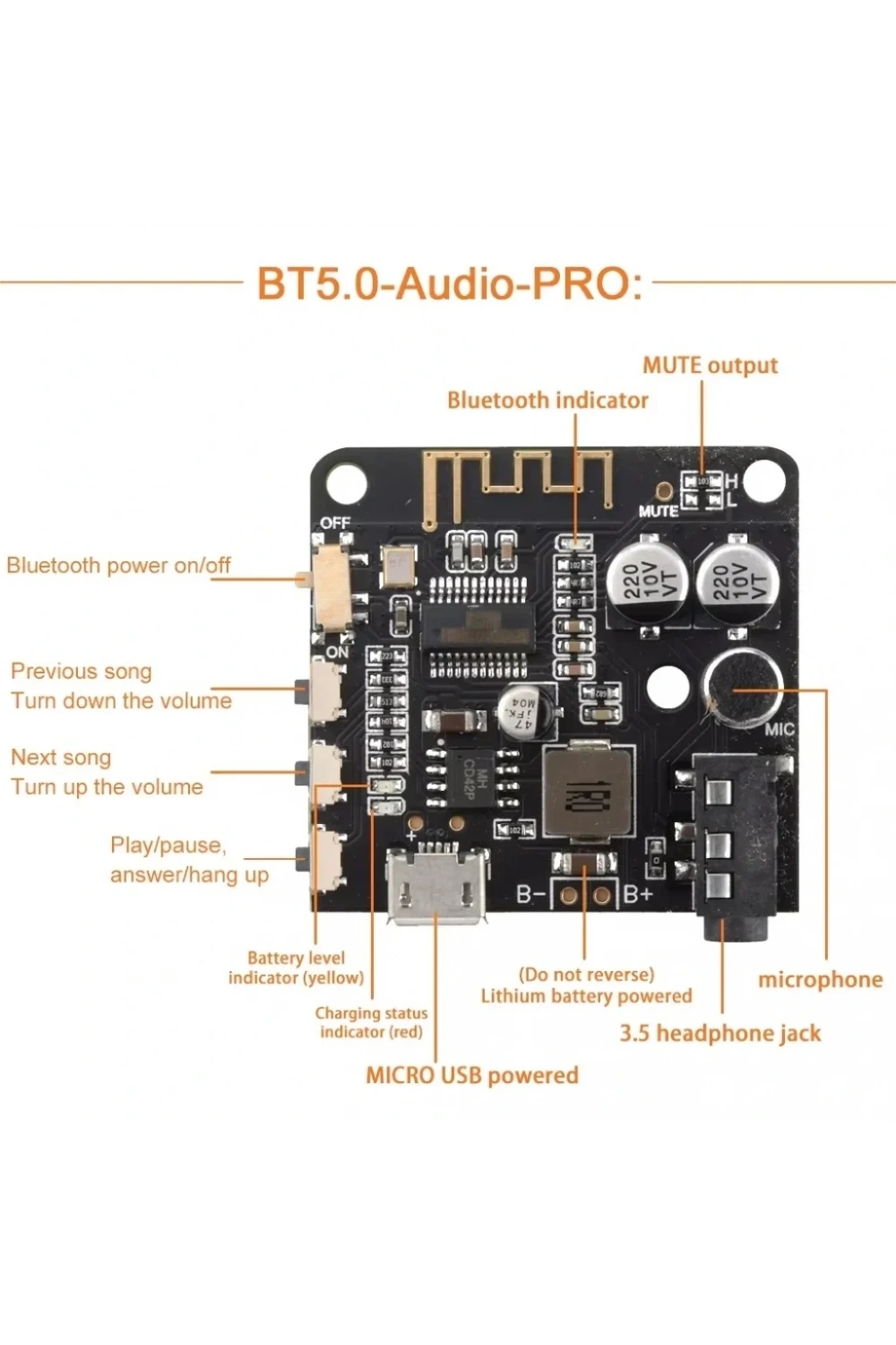 VHM BT5.0 Pro Bluetooth Ses Alıcı Kartı Bluetooth 5.0 Mp3 Modülü Pro Mikrofonlu
