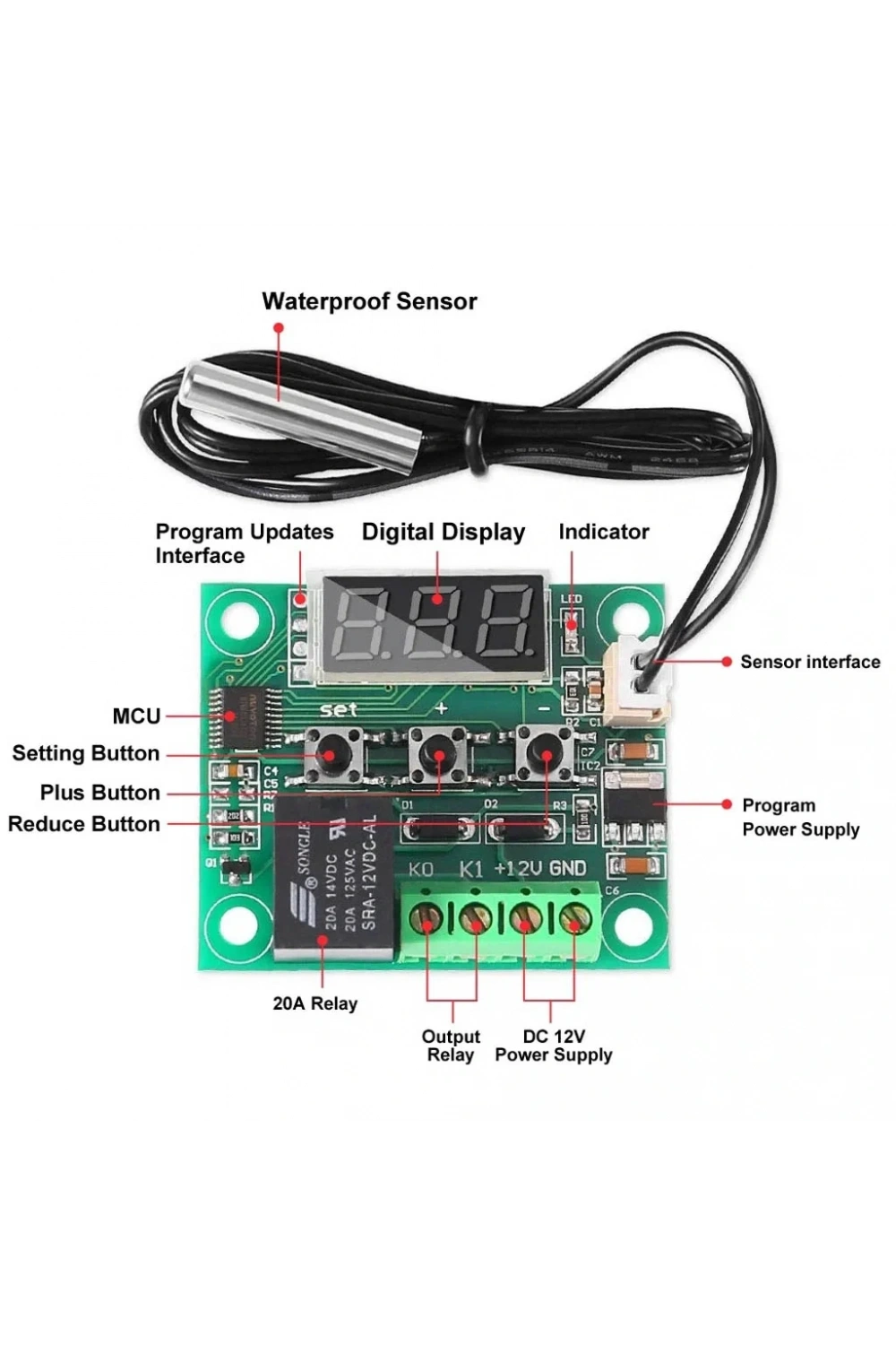 W1209 Röle Çıkışlı Dijital Termostat Kuluçka Akvaryum Sıcaklık Kontrol Kartı