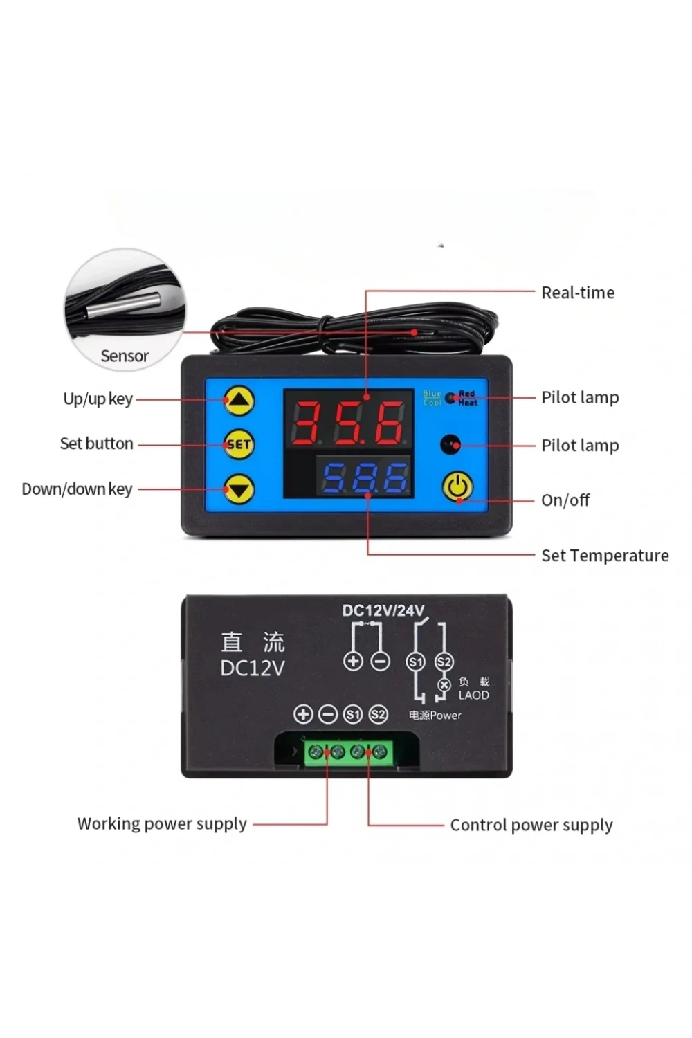 W3231 ZFX-W1608 DC12V Uzaktan Kumandalı Dijital Termostat