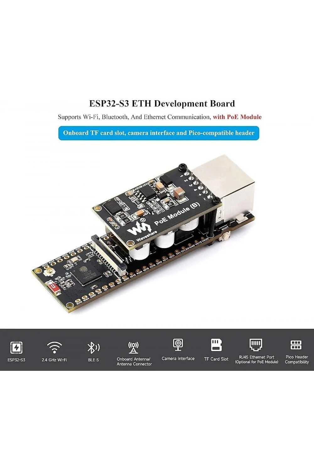 Waveshare ESP32-S3 PoE ETH Ethernet Geliştirme Kartı - Wi-Fi, Bluetooth ve PoE Modülü Dahil
