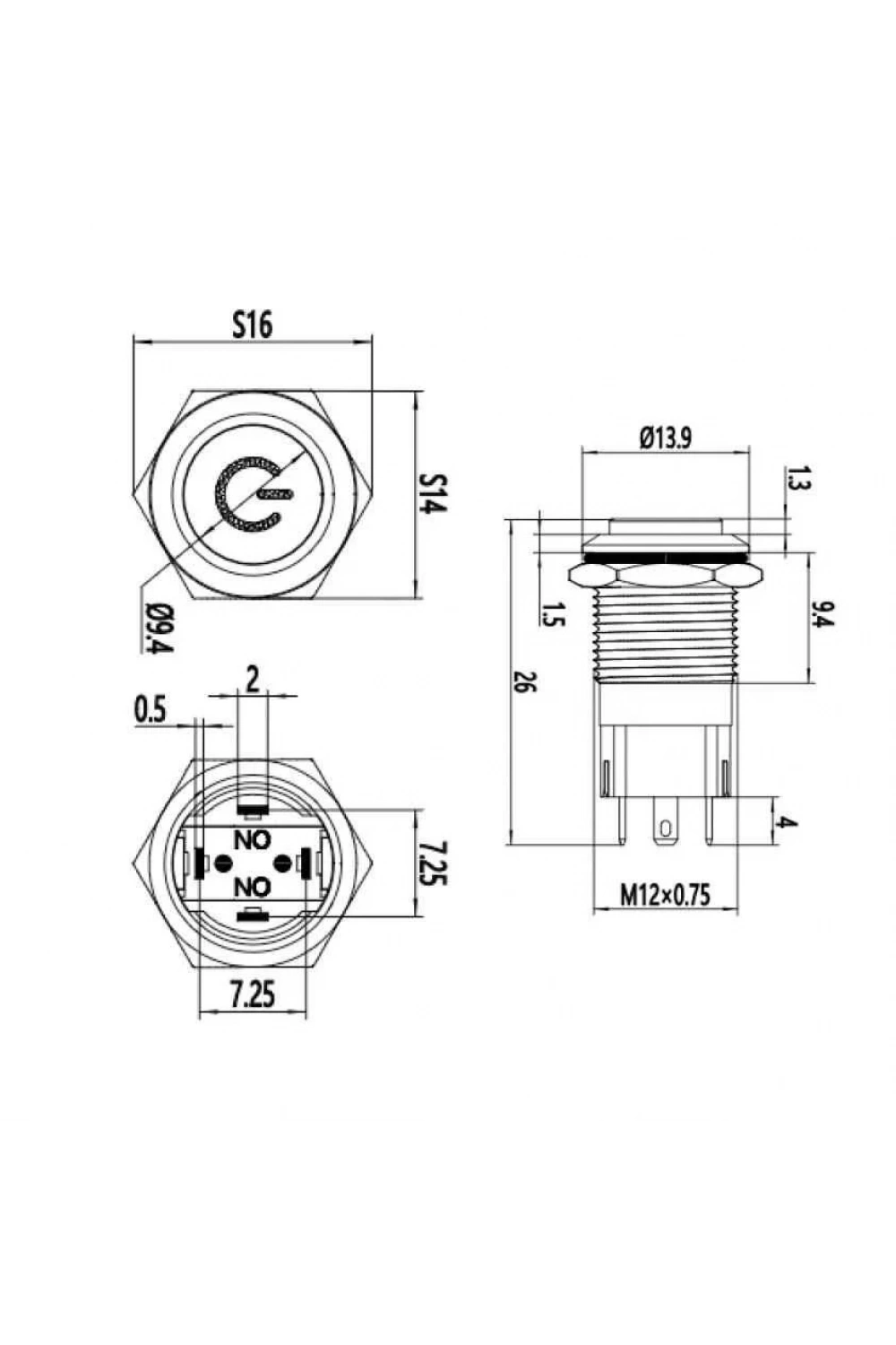 WD12A-G1-C 12mm Çıkık Yaylı Işıklı Power Metal Buton - Yeşil