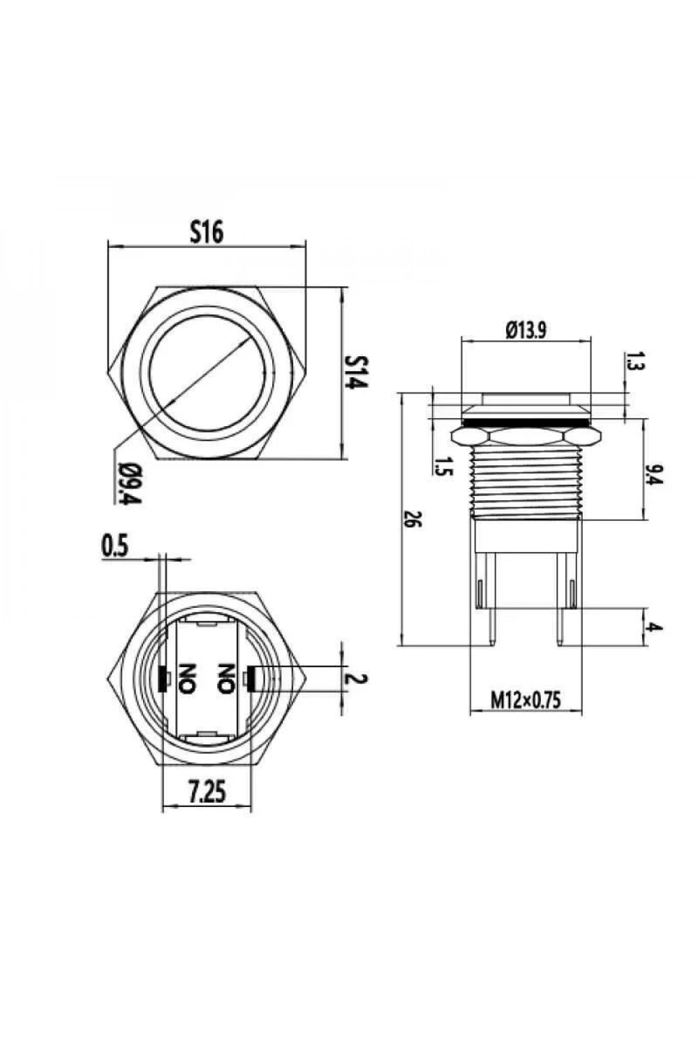 WD12A-G1Z 12mm Çıkık Anahtarlı Metal Buton