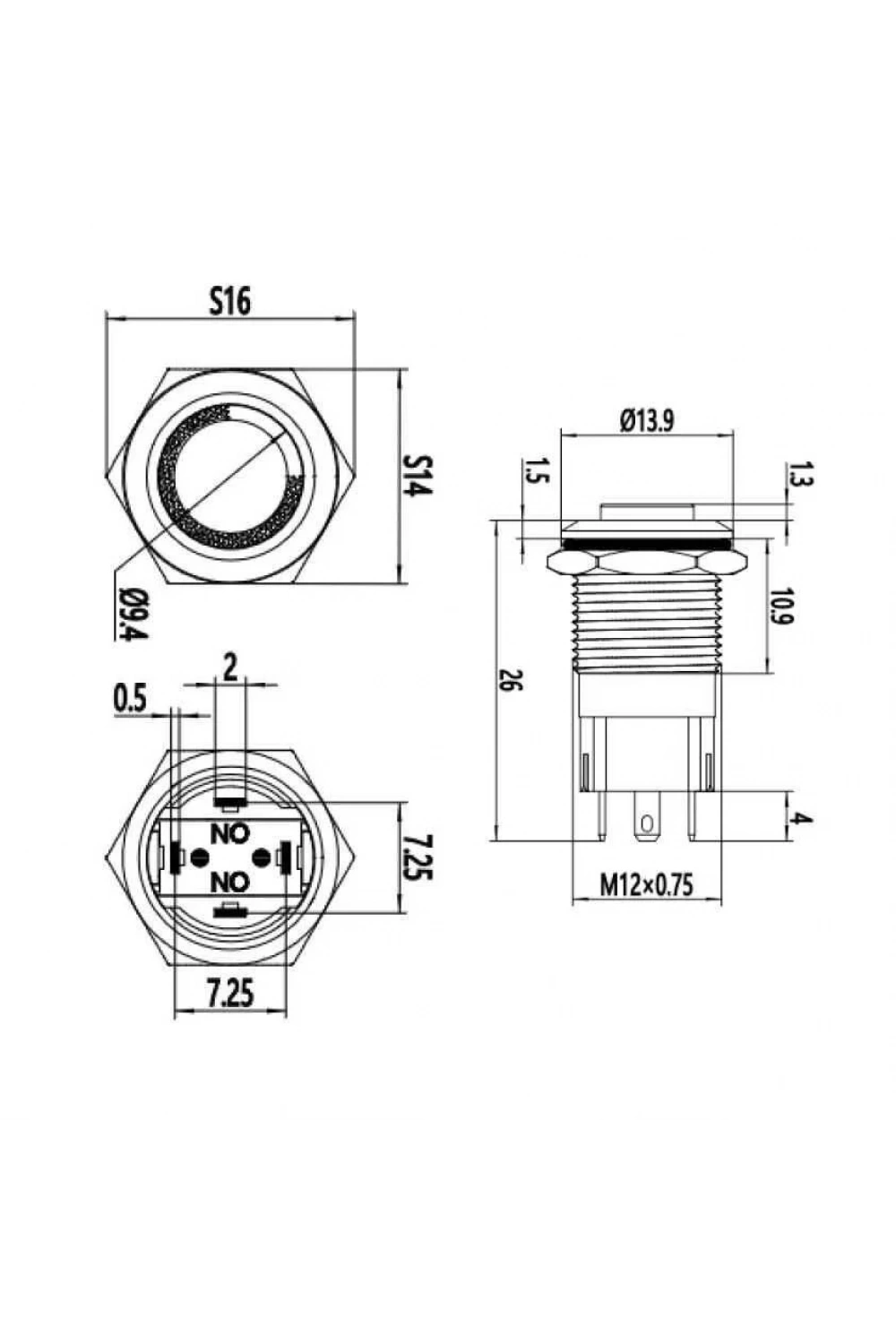WD12A-G1Z-E 12mm Çıkık Anahtarlı Işıklı Metal Buton - Beyaz