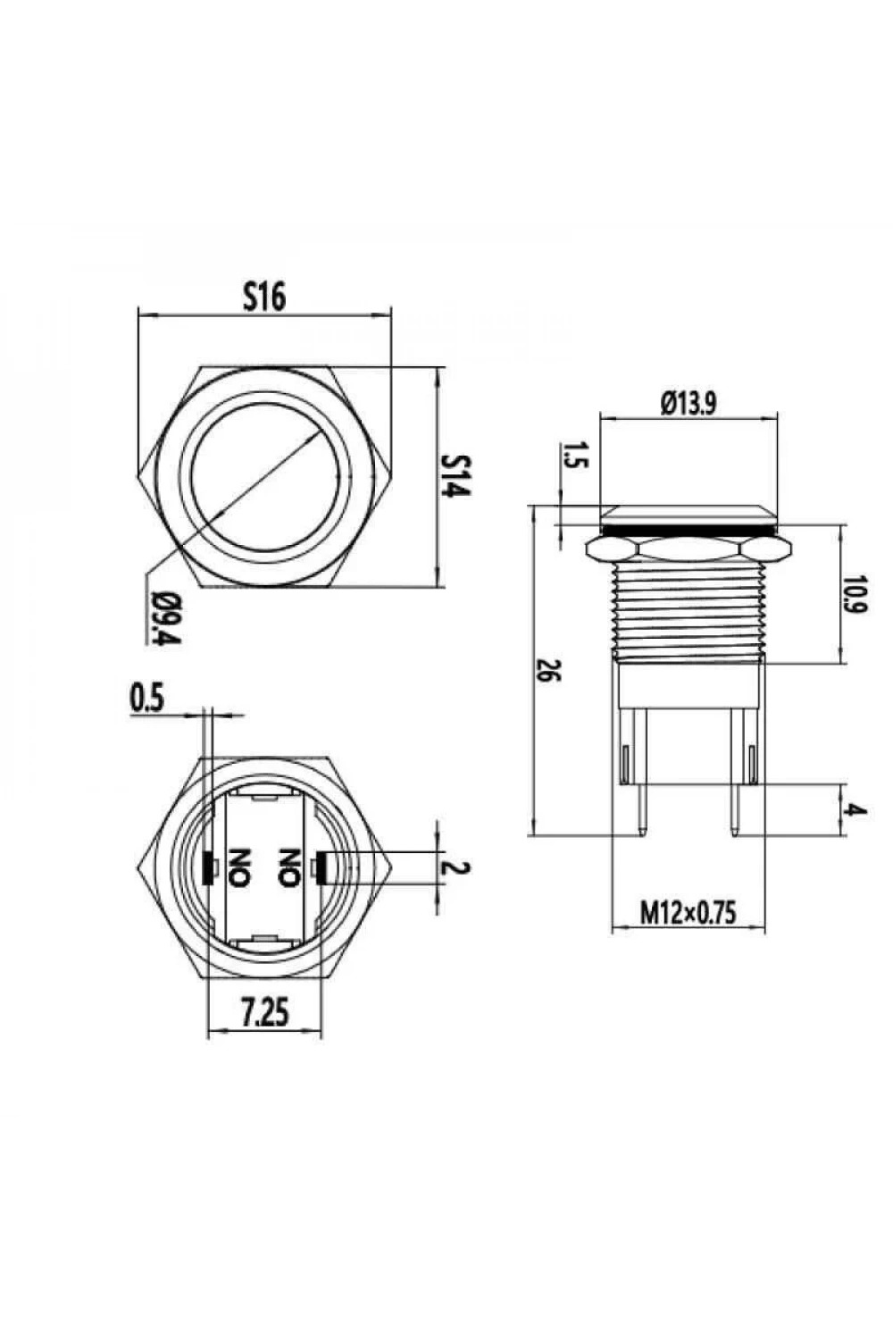 WD12A-P1 12mm Düz Yaylı Metal Buton
