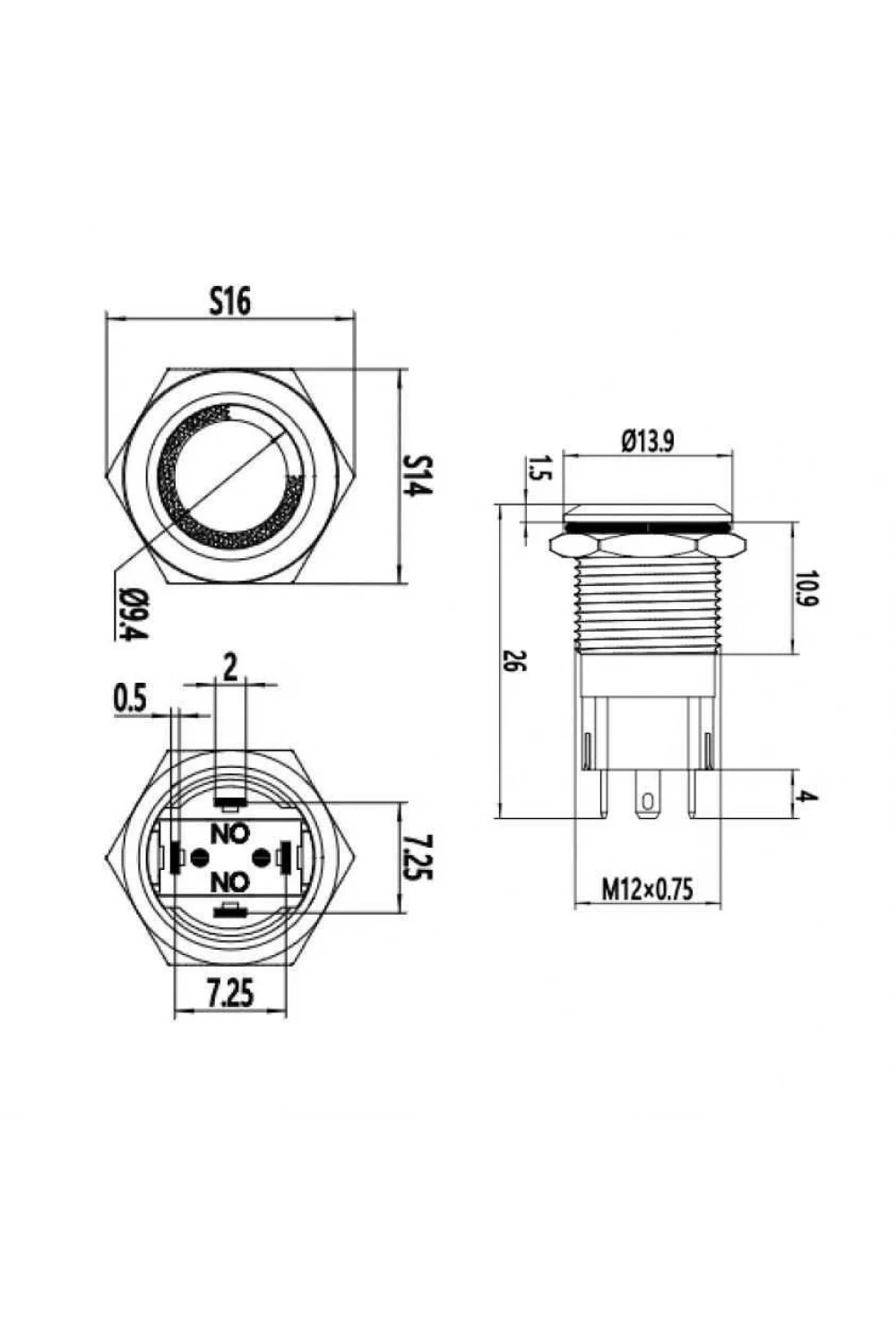 WD12A-P1Z-E 12mm Düz Anahtarlı Işıklı Metal Buton - Yeşil