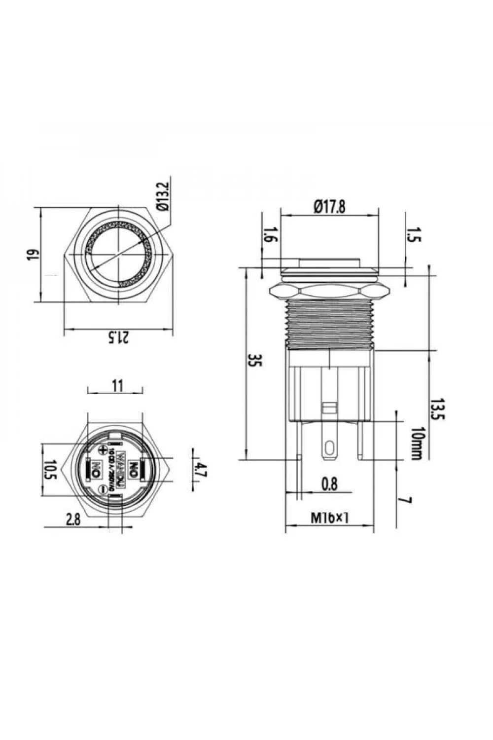 WD16D-G1-E 16mm Çıkık Yaylı Işıklı Metal Buton - Mavi