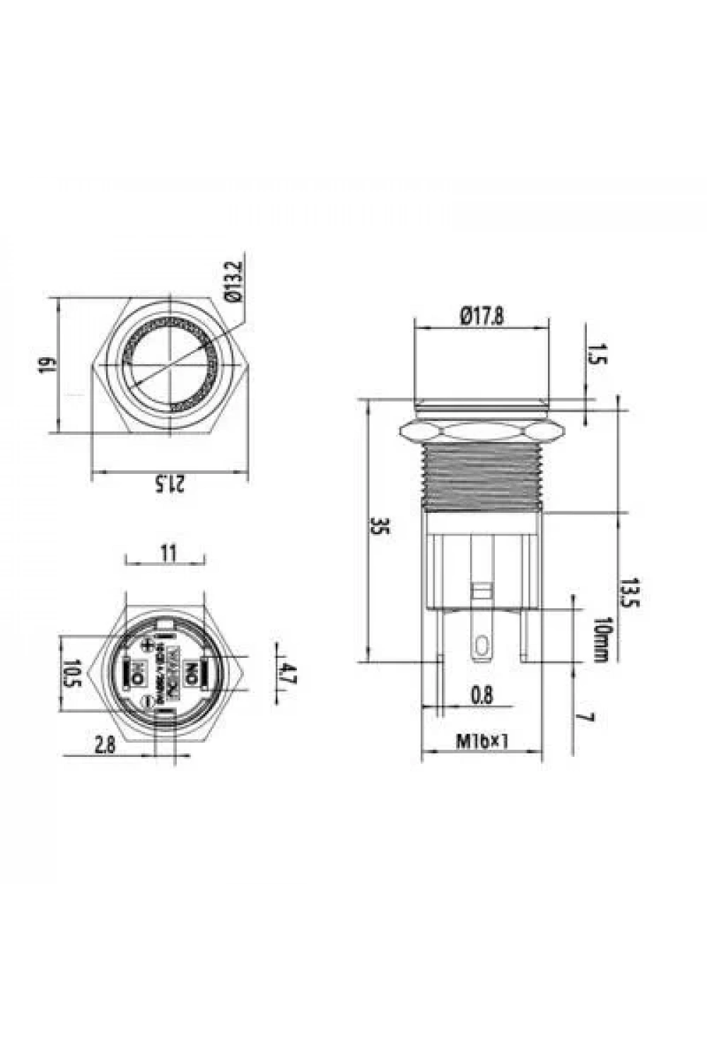 WD16D-P1Z-E 16mm Düz Anahtarlı Işıklı Metal Buton - Beyaz