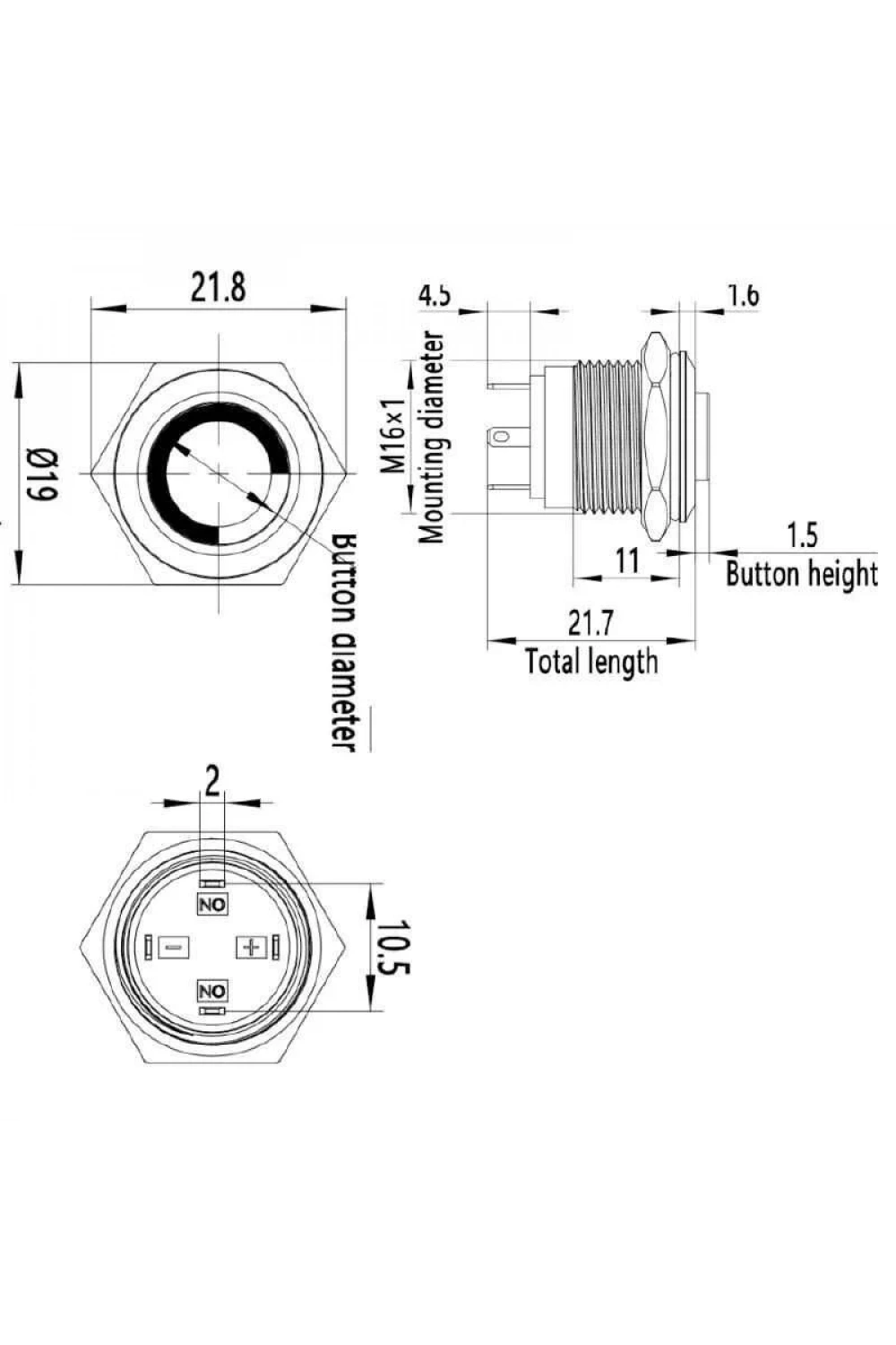 WD16H-G1-E 16mm Çıkık Yaylı Işıklı Metal Buton - Yeşil
