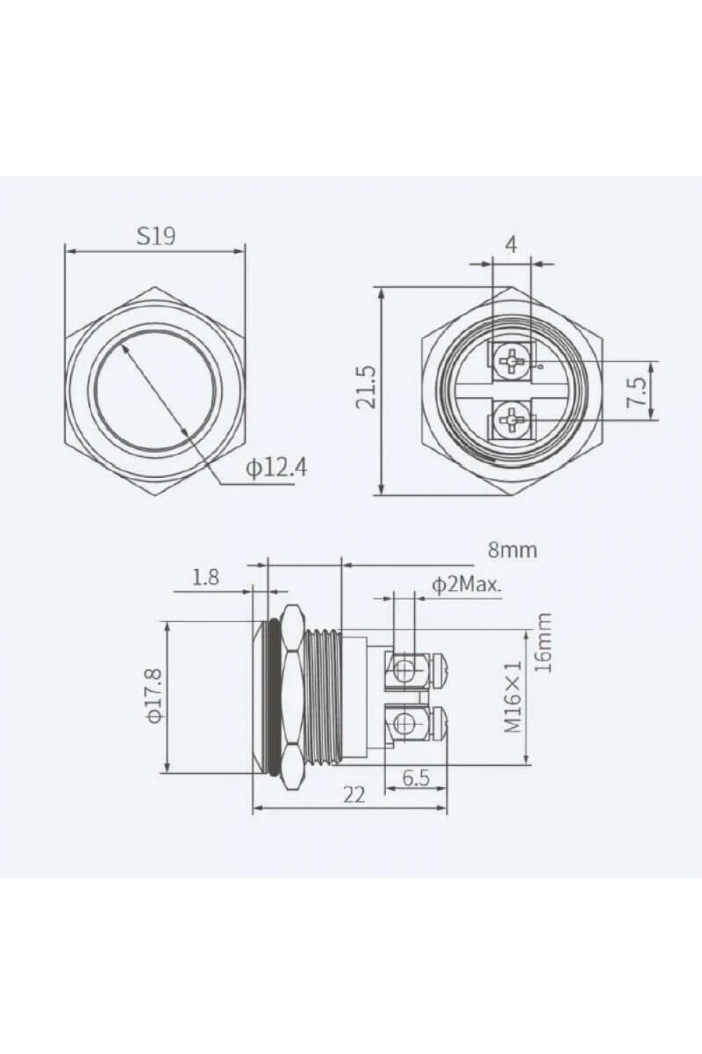 WD16H-P0 16mm Düz Yaylı Metal Buton