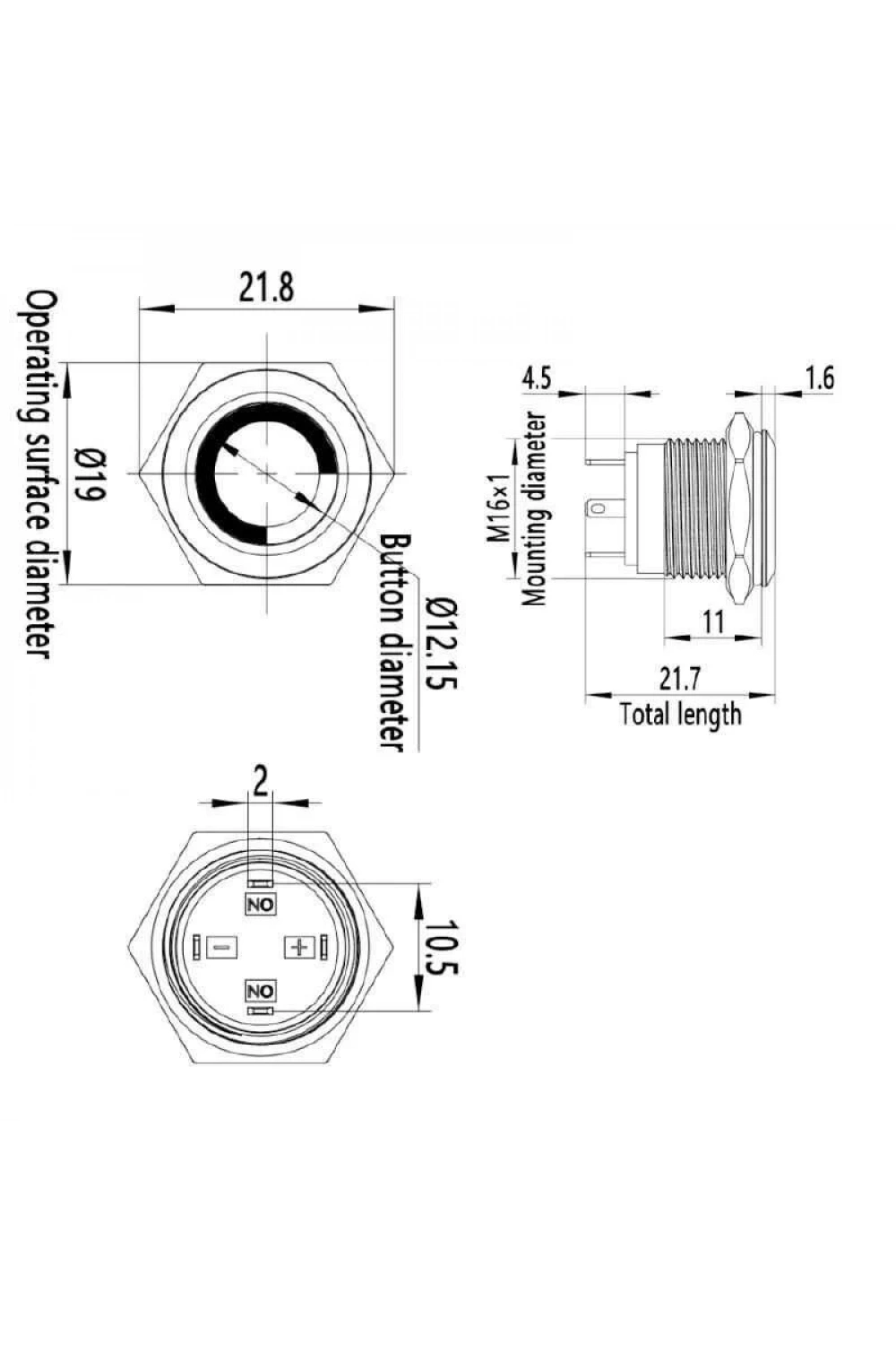WD16H-P1-E 16mm Düz Yaylı Işıklı Metal Buton - Beyaz