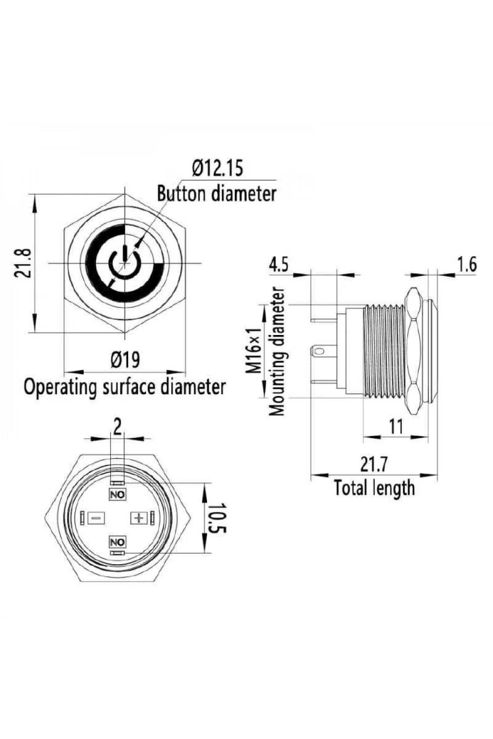 WD16H-P1-EC 16mm Düz Yaylı Işıklı Power Metal Buton - Beyaz