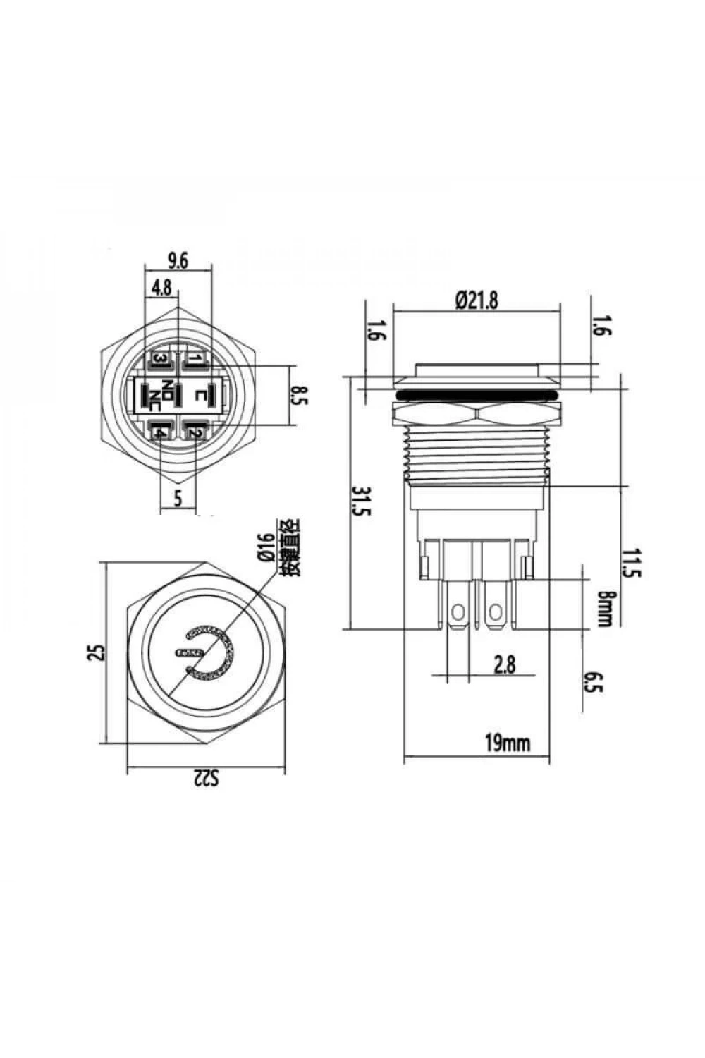 WD19A-G1-C 19mm Çıkık Yaylı Işıklı Power Metal Buton - Sarı