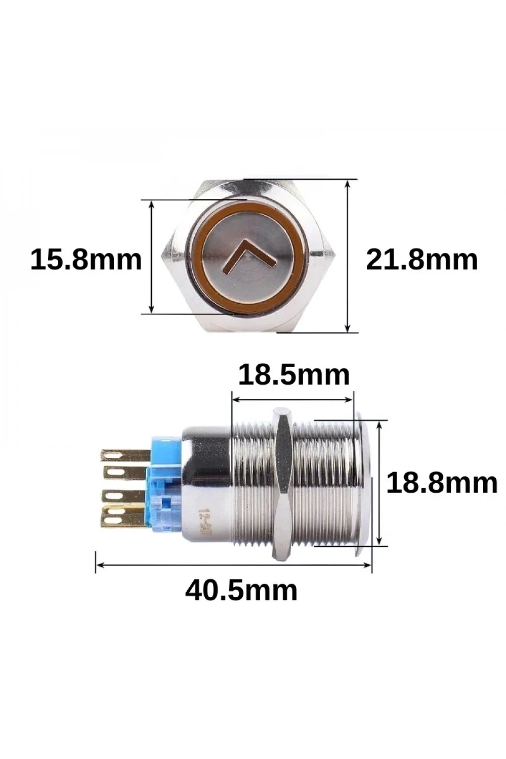 WD19A-P1-ET 19mm Düz Yaylı Işıklı Ok İşaretli Metal Buton - Mavi