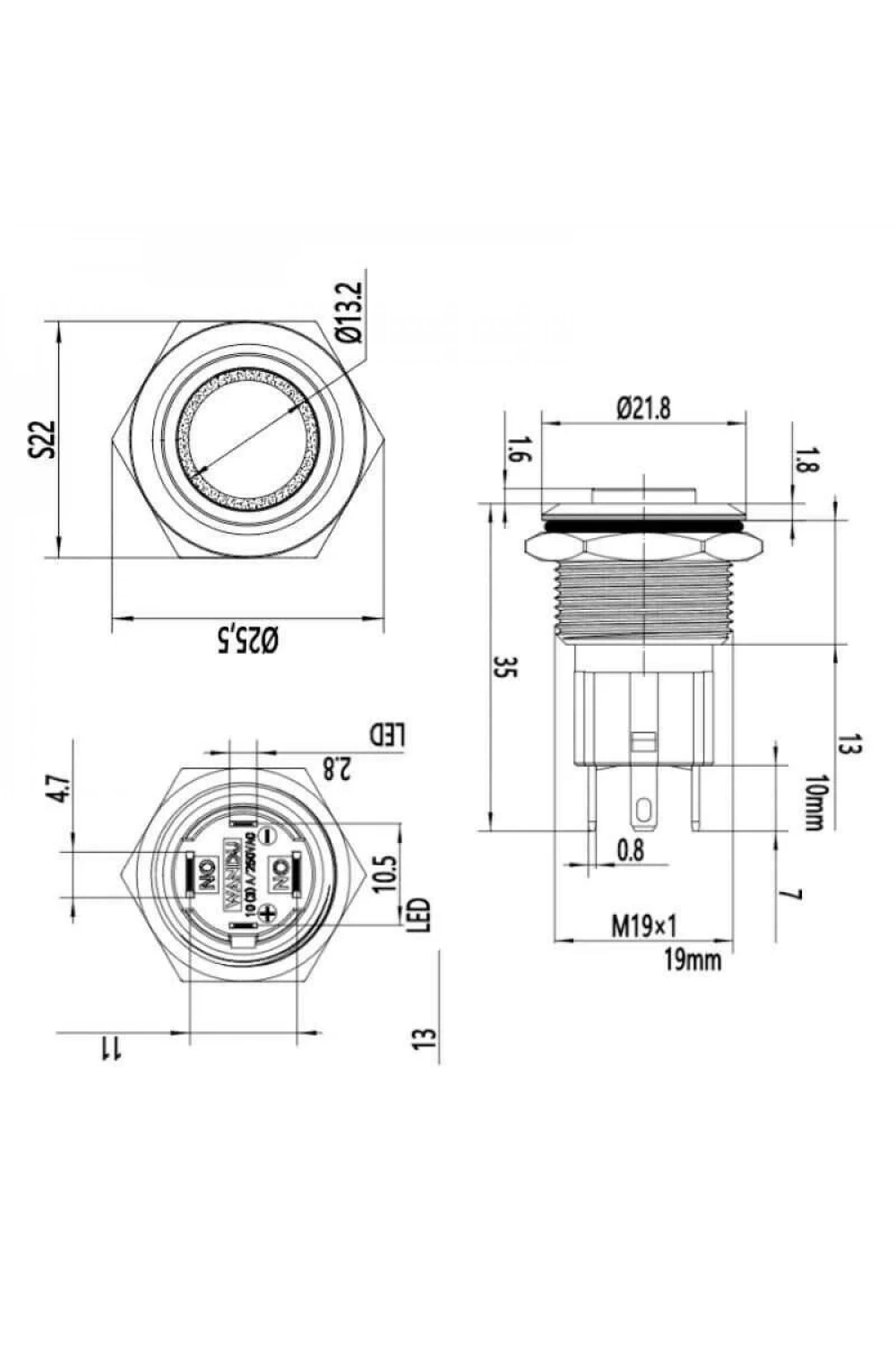 WD19D-G1-E 19mm Çıkık Yaylı Işıklı Metal Buton - Beyaz
