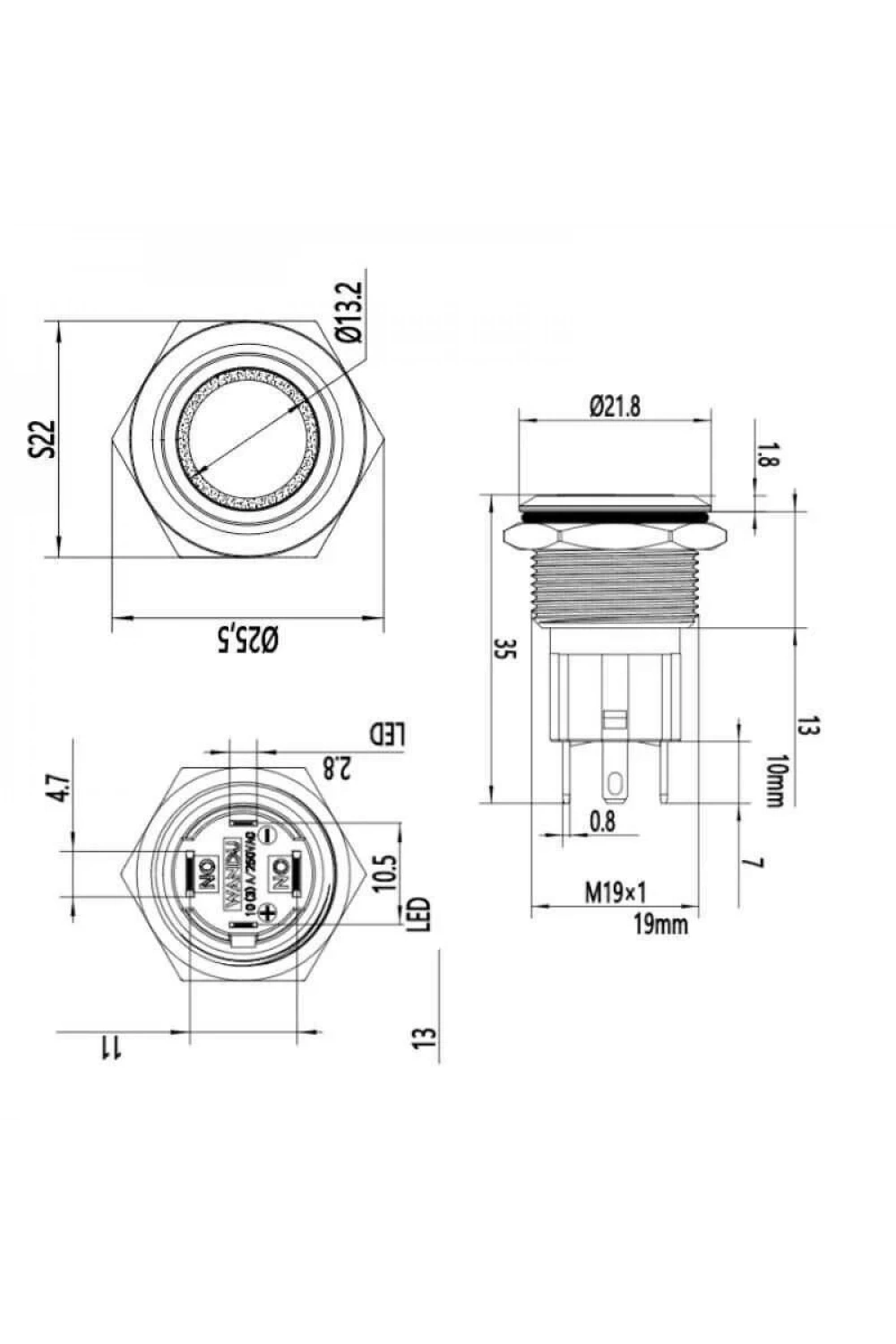 WD19D-P1-E 19mm Düz Yaylı Işıklı Metal Buton - Beyaz