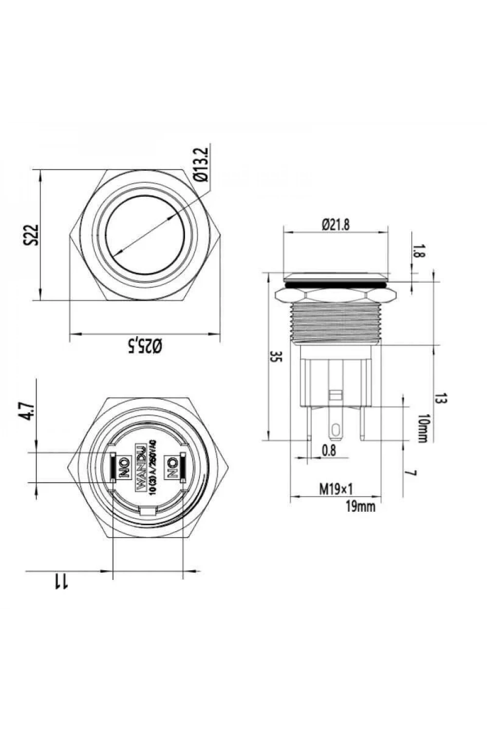 WD19D-P1Z 19mm Düz Anahtarlı Metal Buton