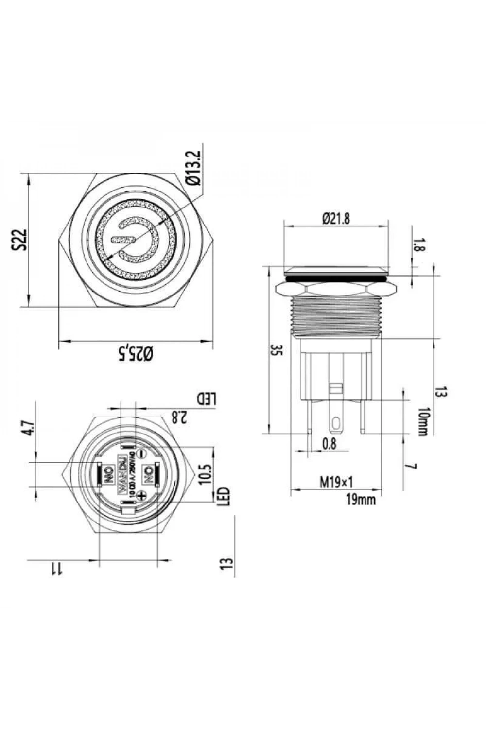 WD19D-P1Z-EC 19mm Düz Anahtarlı Işıklı Power Metal Buton - Sarı