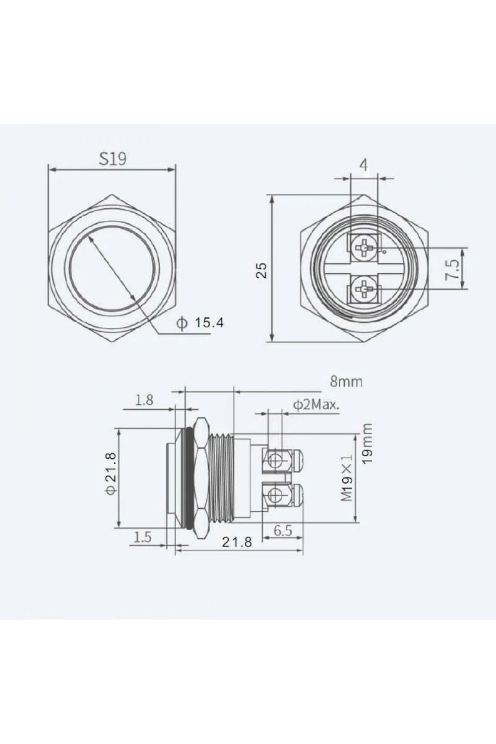 WD19H-G0 19mm Çıkık Yaylı Metal Buton