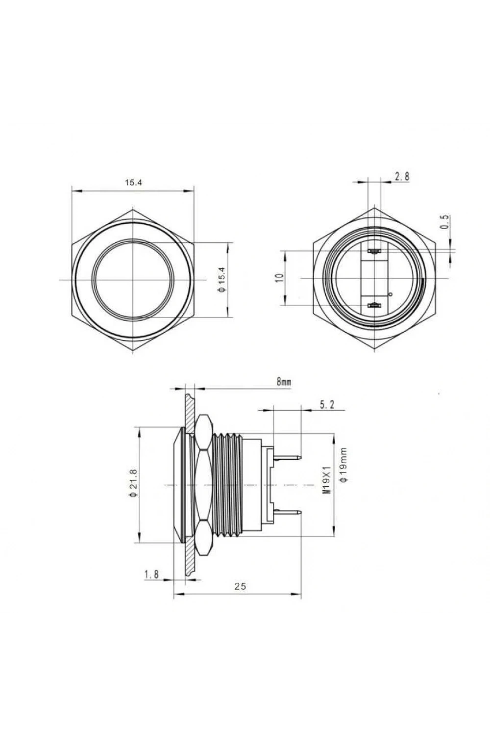 WD19H-P1 19mm Düz Yaylı Metal Buton