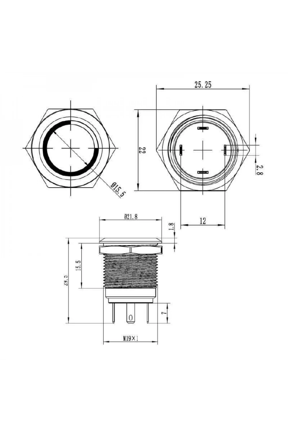 WD19H-P1-E 19mm Düz Yaylı Işıklı Metal Buton - Yeşil