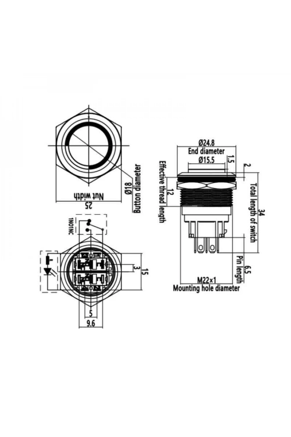 WD22B-G1-E 22mm Çıkık Yaylı Işıklı Metal Buton - Sarı
