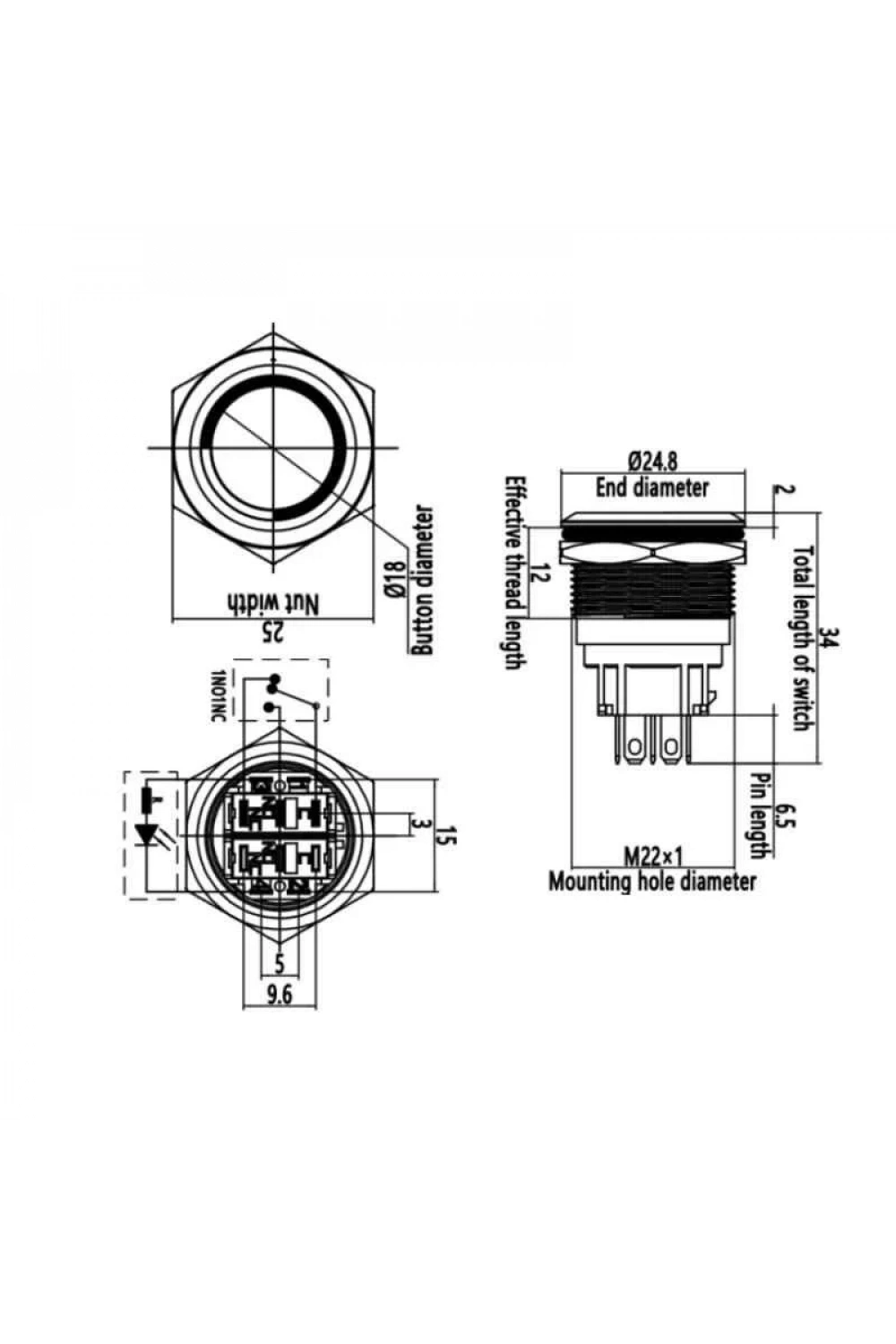 WD22B-P1-E 22mm Düz Yaylı Işıklı Metal Buton - Mavi