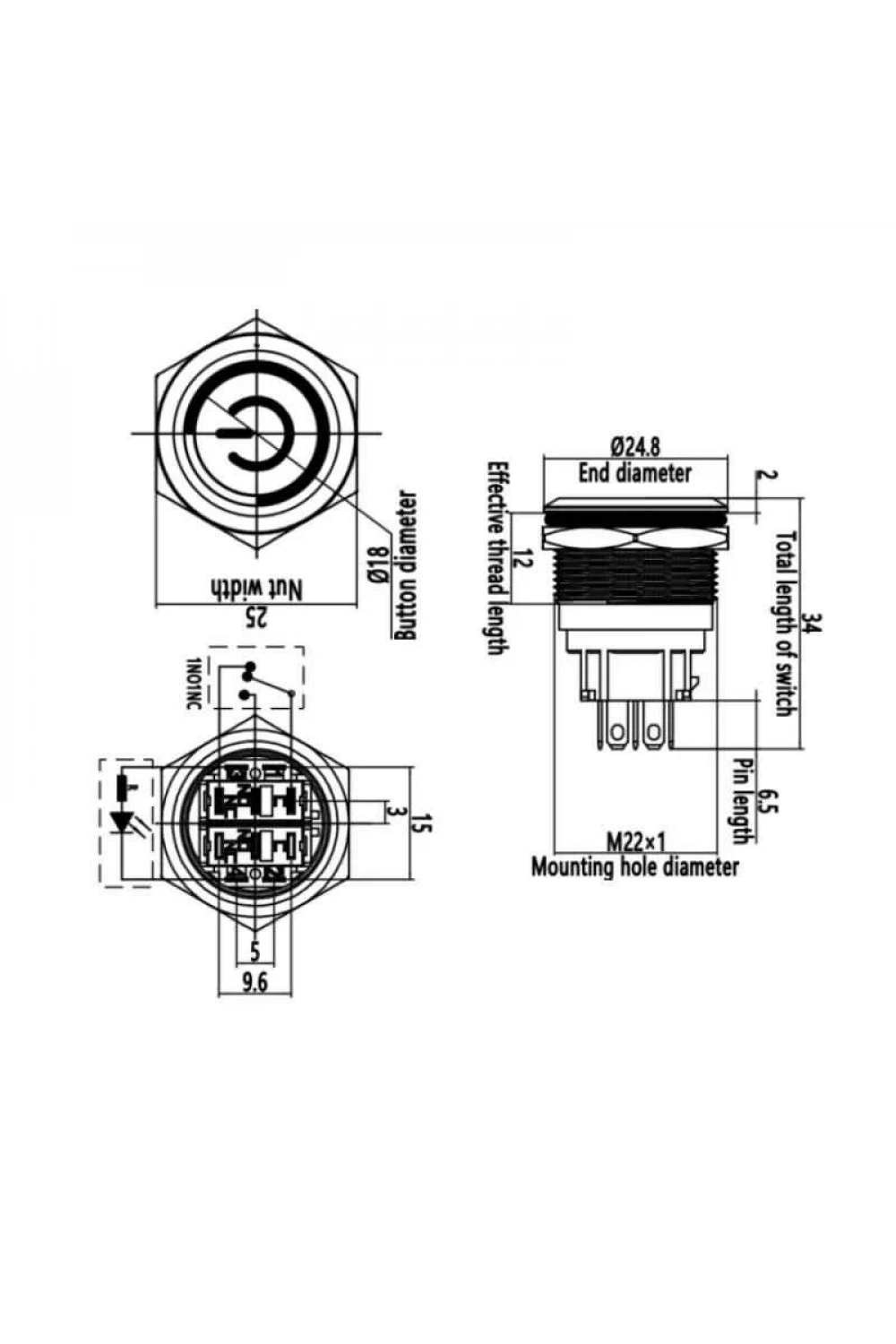 WD22B-P1-EC 22mm Düz Yaylı Işıklı Power Metal Buton - Beyaz