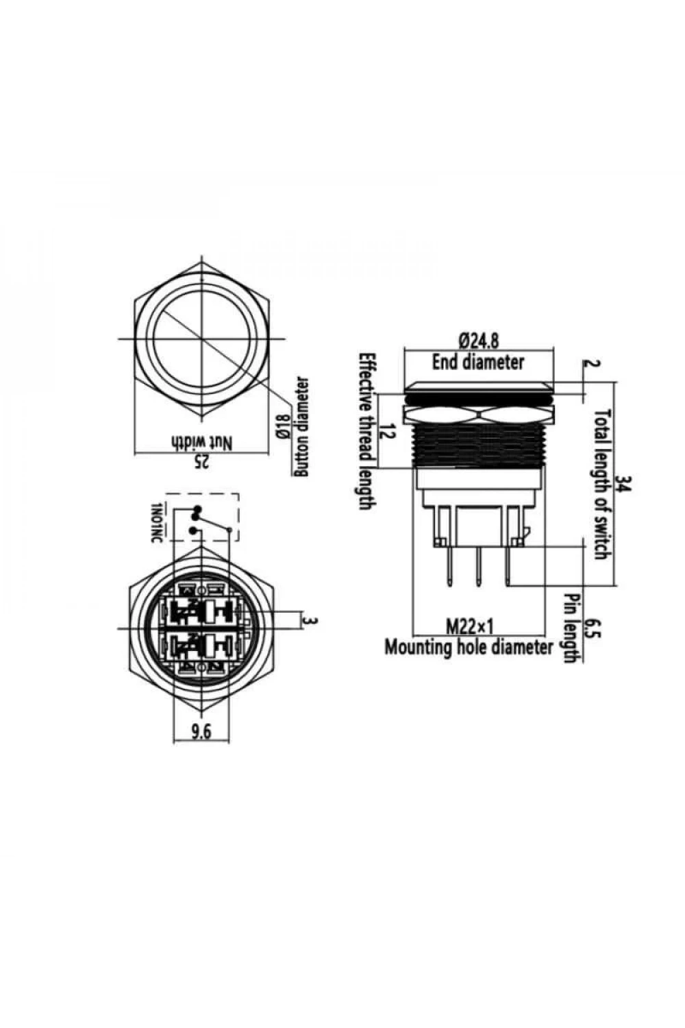 WD22B-P1Z 22mm Düz Anahtarlı Metal Buton