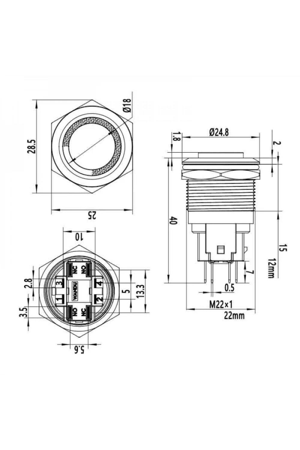 WD22E-G1Z-E 22mm Çıkık Anahtarlı Işıklı Metal Buton - Kırmızı