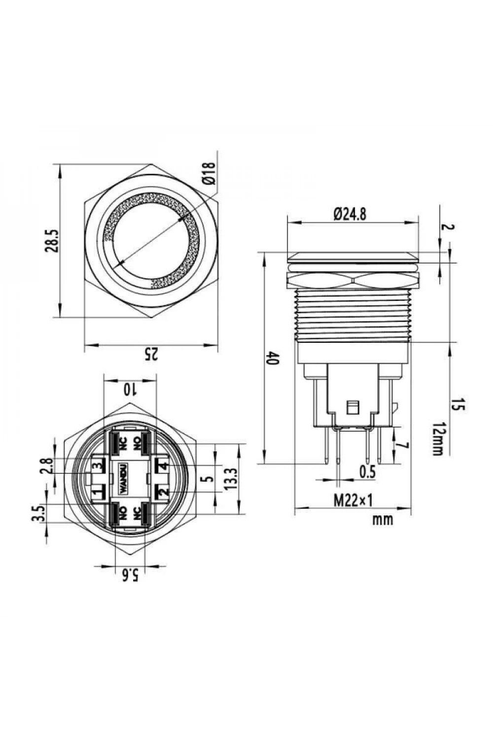 WD22E-P1-E 22mm Düz Yaylı Işıklı Metal Buton - Beyaz