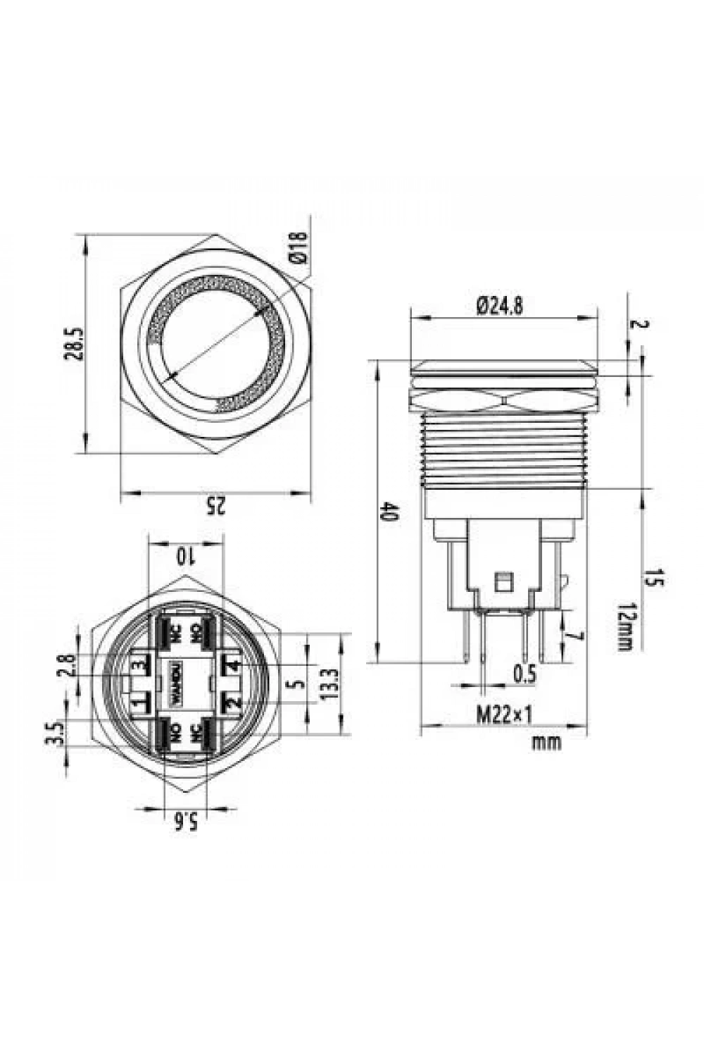 WD22E-P1-E 22mm Düz Yaylı Işıklı Metal Buton - Sarı