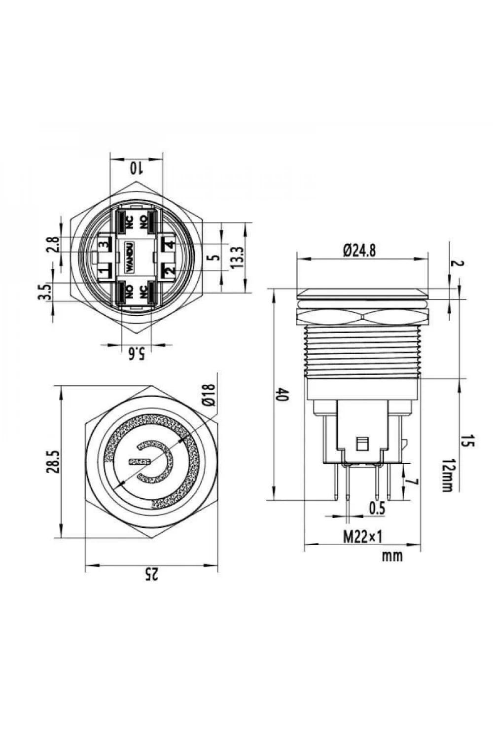 WD22E-P1-EC 22mm Düz Yaylı Işıklı Power Metal Buton - Yeşil