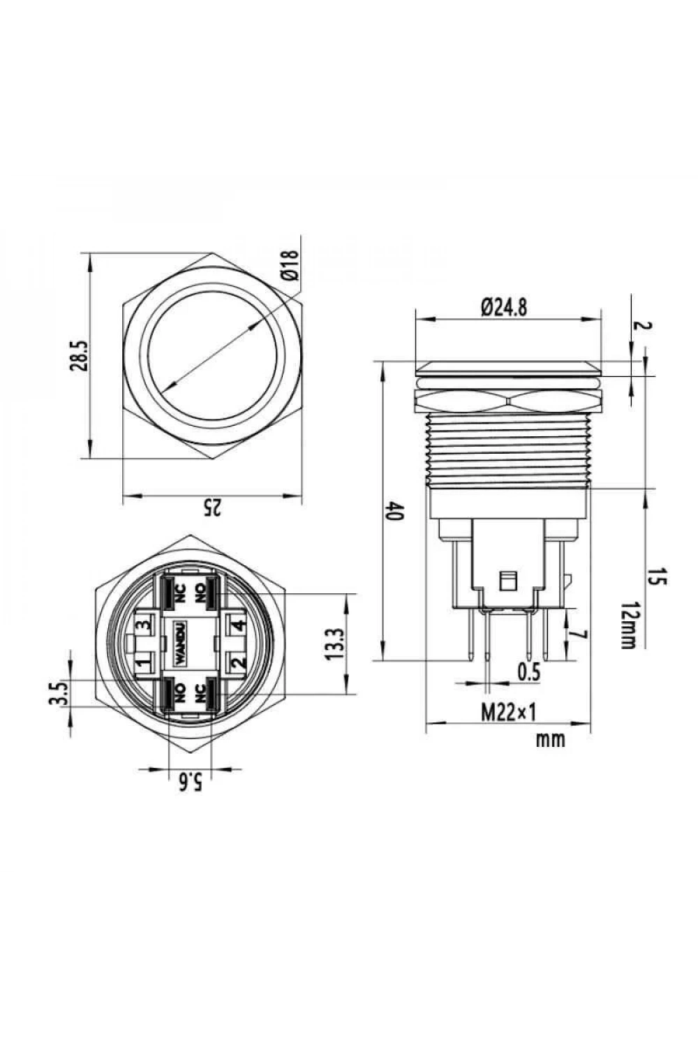 WD22E-P1Z 22mm Düz Anahtarlı Metal Buton