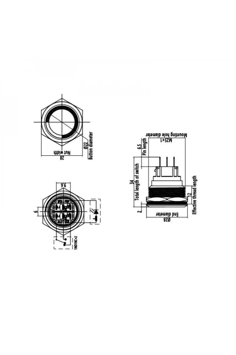 WD25B-G1-E 25mm Çıkık Yaylı Işıklı Metal Buton - Kırmızı