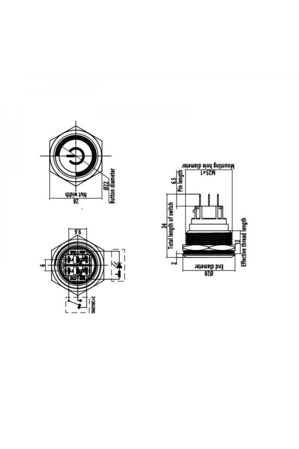WD25B-P1Z-EC 25mm Düz Anahtarlı Işıklı Power Metal Buton - Kırmızı