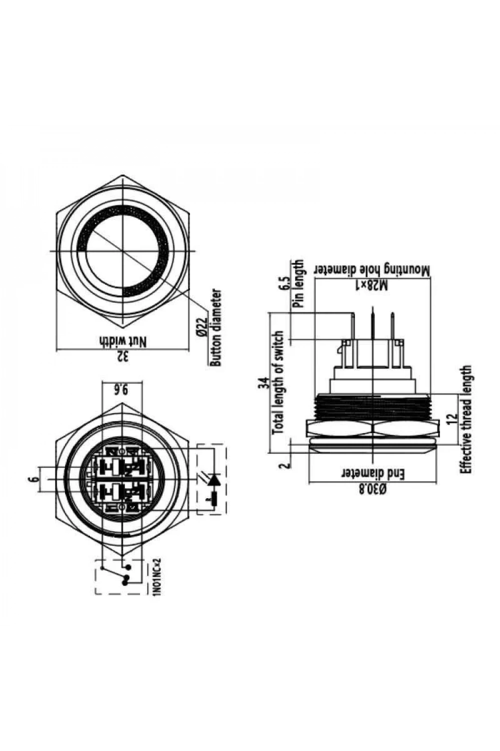 WD28B-P1Z-E 28mm Düz Anahtarlı Işıklı Metal Buton - Kırmızı