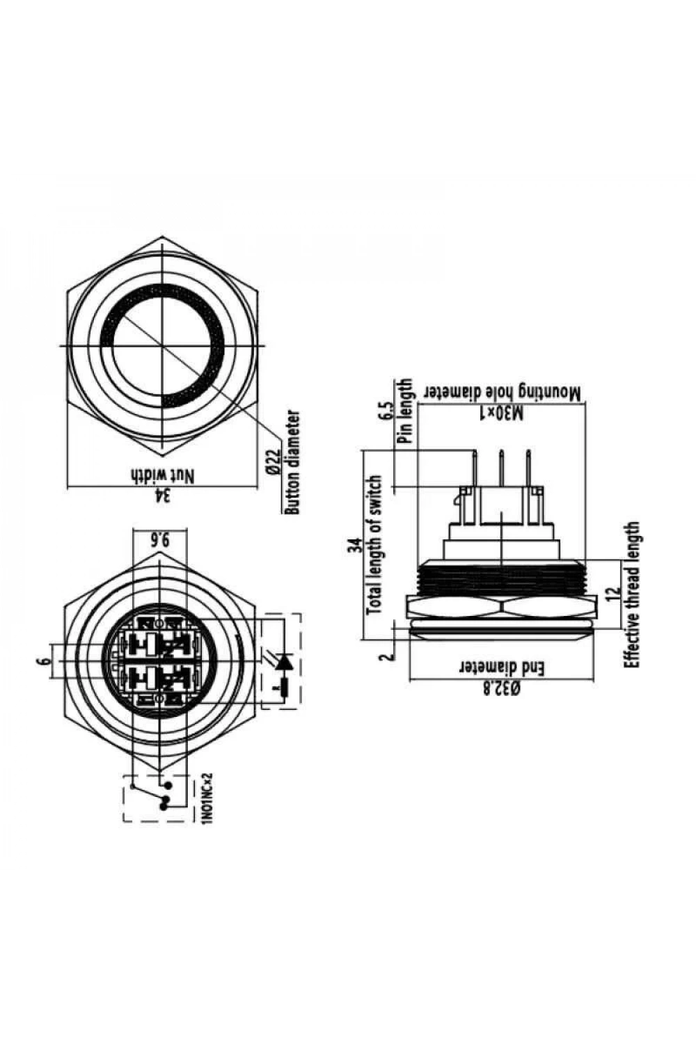 WD30B-P1-E 30mm Düz Yaylı Işıklı Metal Buton - Kırmızı