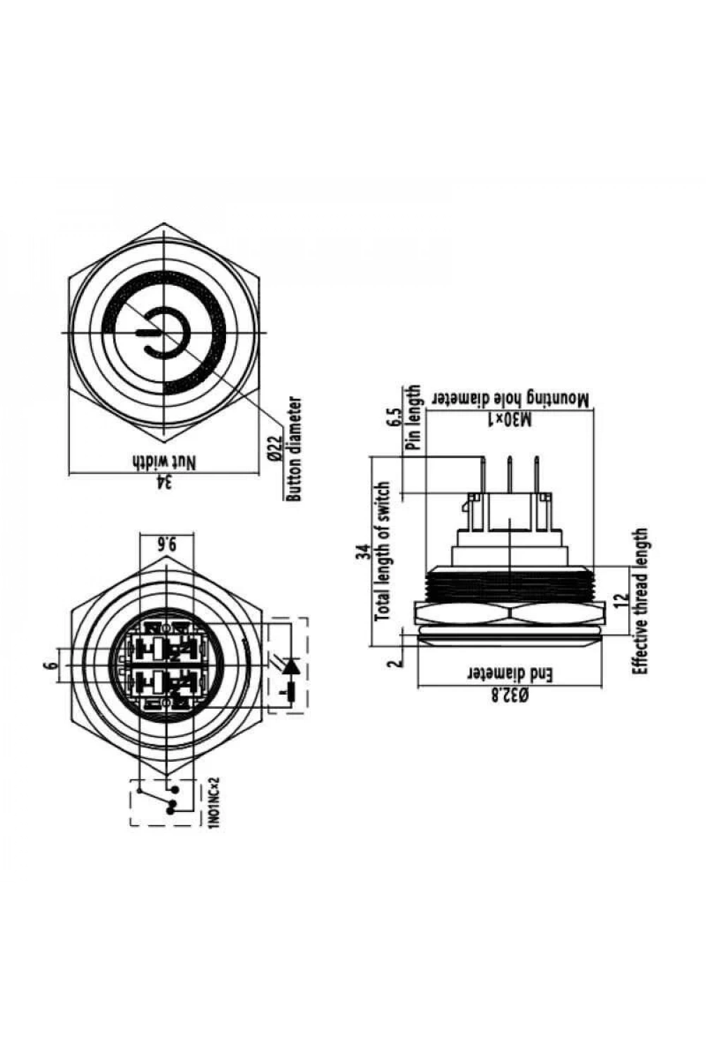 WD30B-P1-EC 30mm Düz Yaylı Işıklı Power Metal Buton - Sarı
