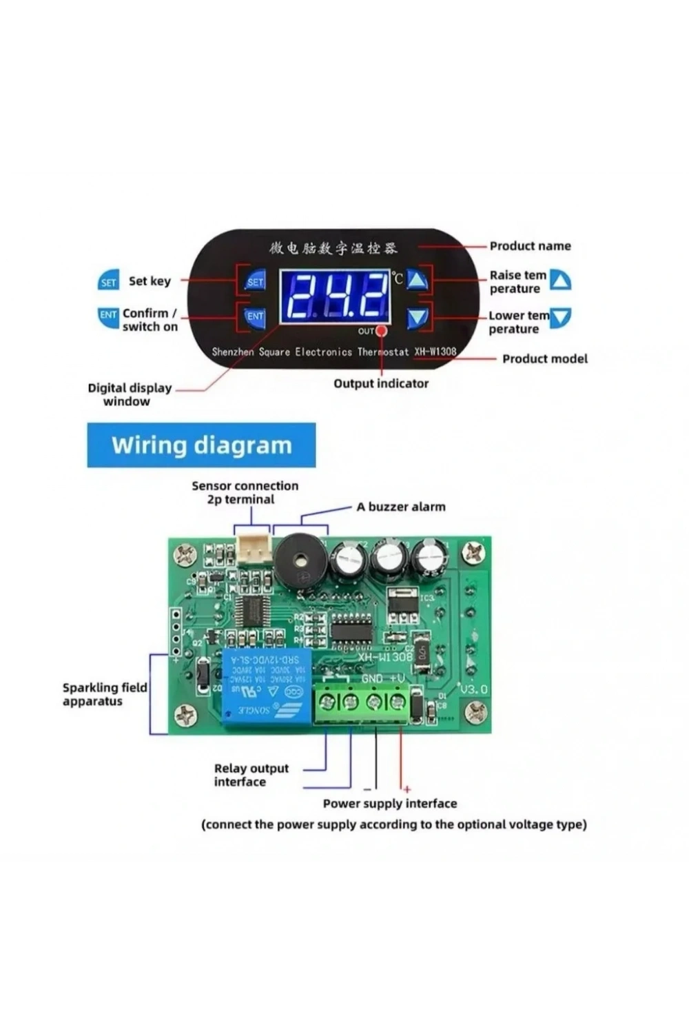 XH-W1308 Röle Çıkışlı Dijital Termostat 220V Sıcaklık Kontrol Cihazı 