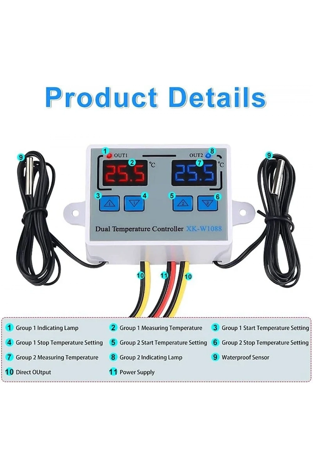 XK-W1088 İkili Dijital Sıcaklık Kontrollü Termostat - 12V/DC 120W