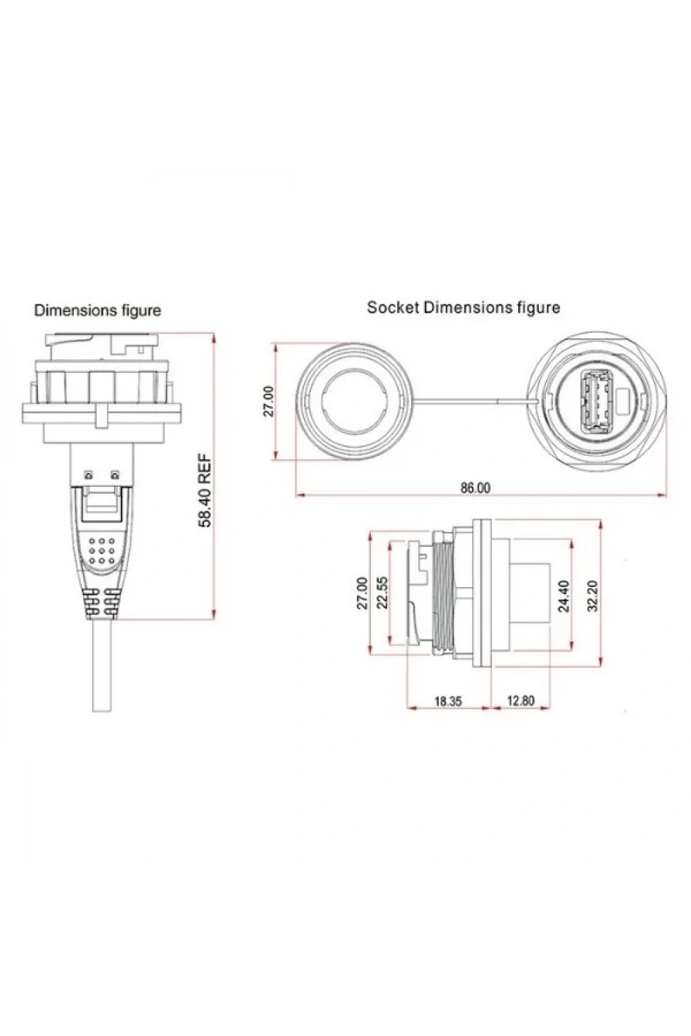 YU-USB2-FS-MP-1M-001A Su Geçirmez Dişi-Erkek USB Konnektör - 1M Kablo