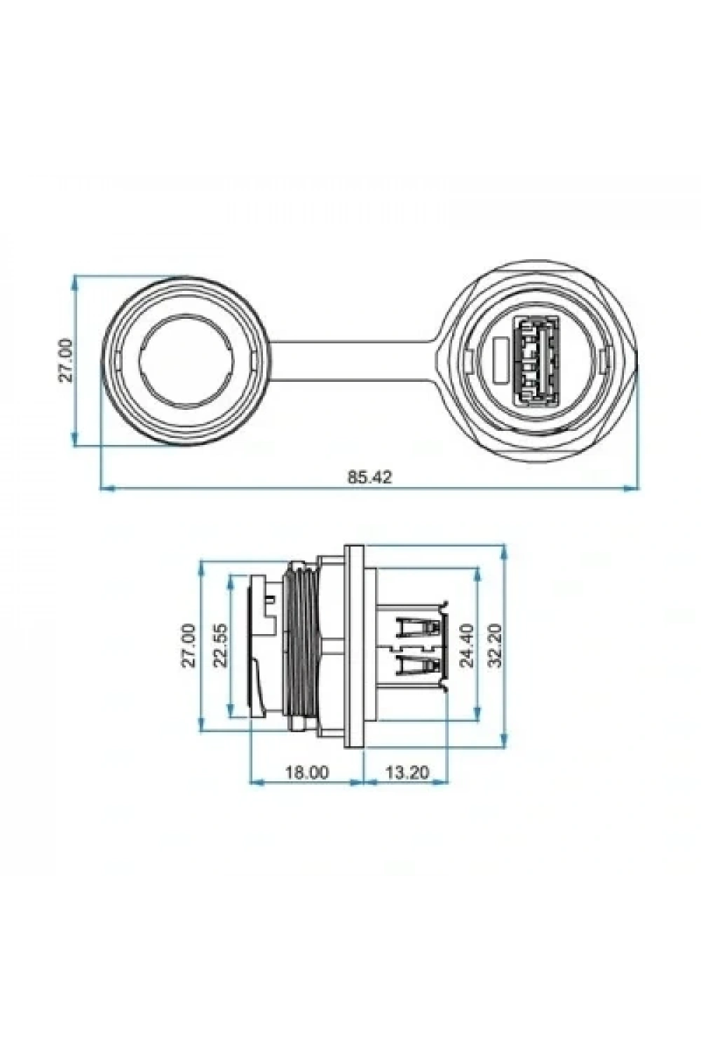 YU-USB2-JSX-01-001 Su Geçirmez USB Konnektör - Dişi
