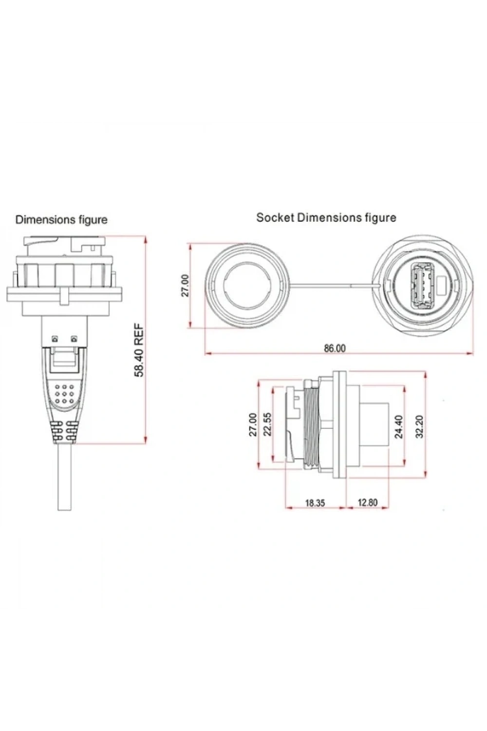 YU-USB3-FS-MP-1M-001A Su Geçirmez Dişi-Erkek USB Konnektör - 1M Kablo