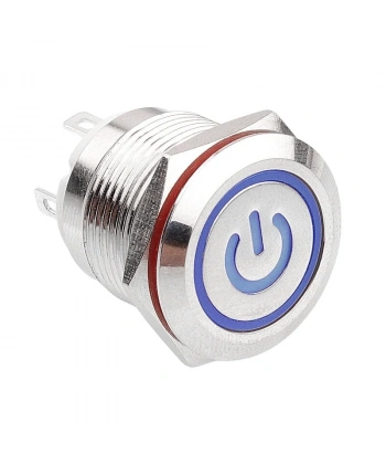 19H-P1-EC 19mm Düz Yaylı Işıklı Power Metal Buton - Mavi
