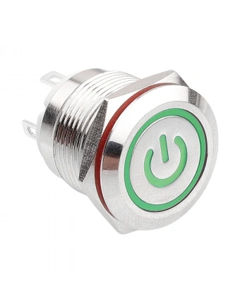 19H-P1-EC 19mm Düz Yaylı Işıklı Power Metal Buton - Yeşil
